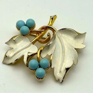 Vintage Sarah Coventry Enameled White Leaves with Blue Turquoise Color Beads